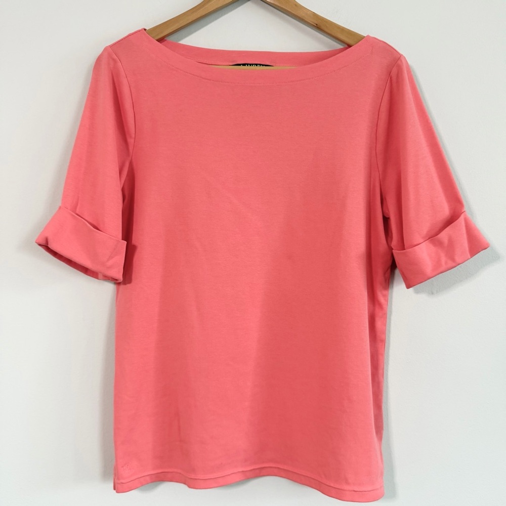 Lauren Ralph Lauren Light Coral Pink Cuffed Short Sleeve Boatneck Top Women’s XL